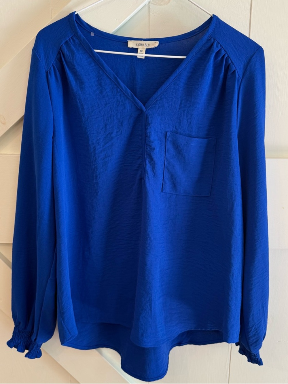 Como Blu Medium Royal Blue Satin Blouse Long Sleeve Smocked Cuff Hi-Low Top